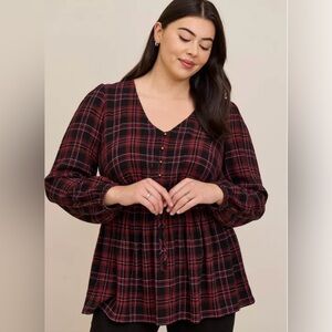 Torrid Babydoll Crinkle Flannel Gauze Smocked Tie Waist Top Size 00 M/L